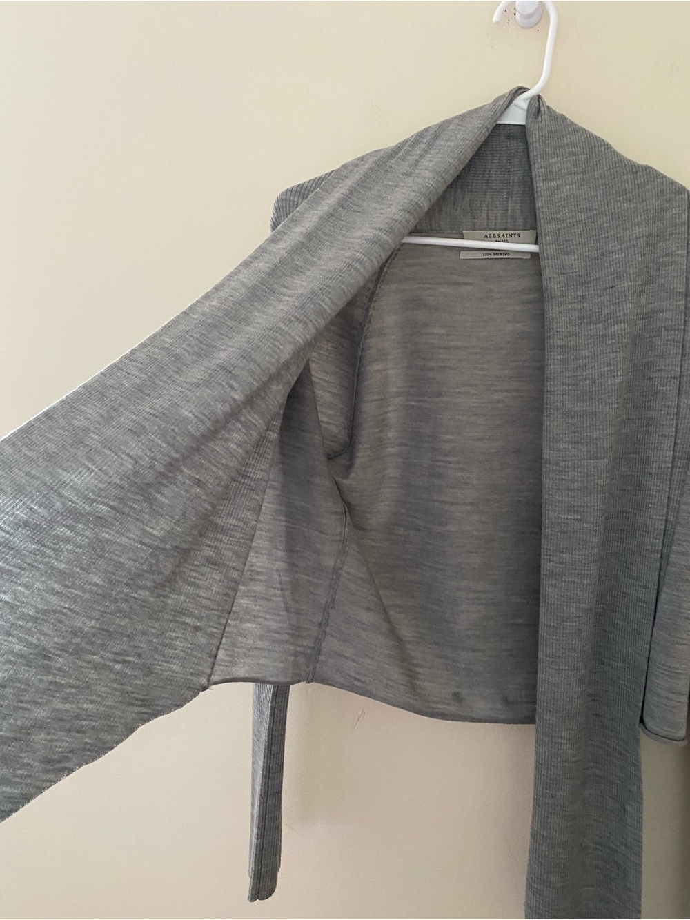 AllSaints Wasson Pirate Wrap Merino Wool Grey Open-Front Draped Cardigan - Picture 11 of 14